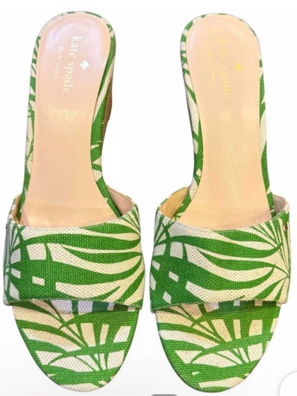 kate spade Green and Cream Palm-Print Slide Mules - Picture 1 of 7